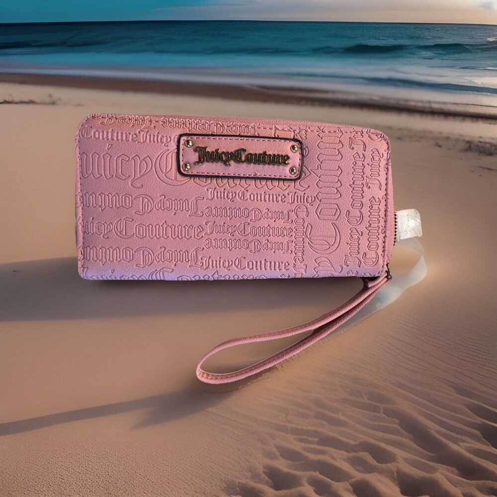 Juicy‎ Couture Pink Embossed Logo Zip Around Wristlet Wallet Gold Hardware 8”